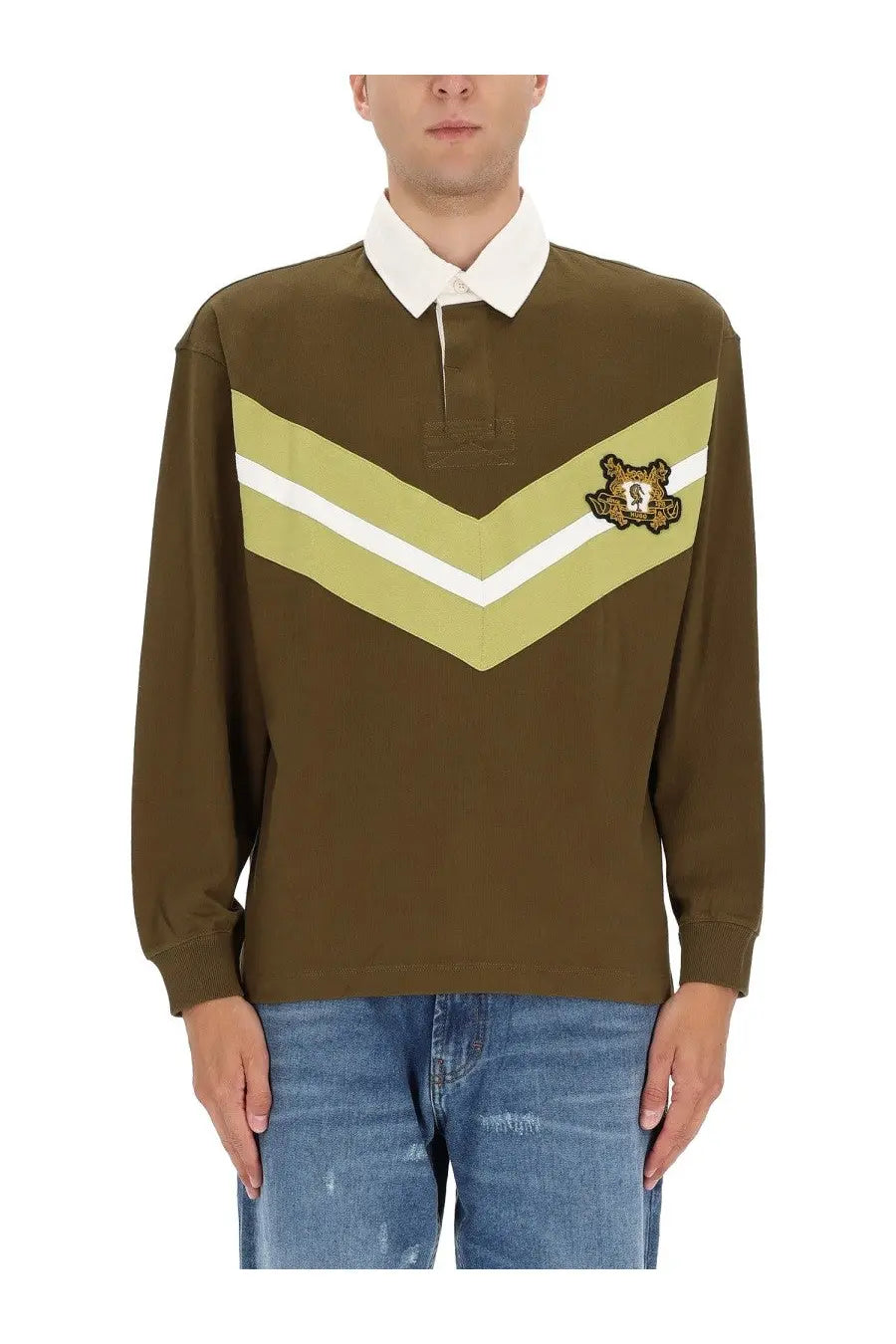 Hugo Boss men’s olive green long-sleeved polo shirt with white collar chevron pattern and embroidered tiger logo