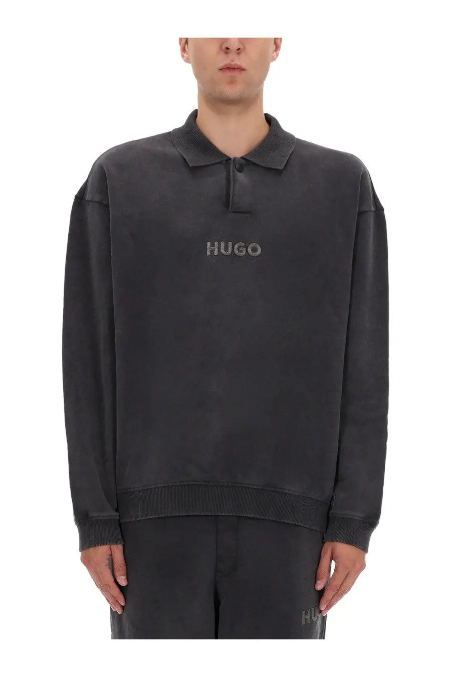 Hugo Boss men’s delwy grey polo sweatshirt with subtle textured finish and embroidered brand name on chest