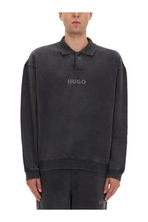 Hugo Boss men’s delwy grey polo sweatshirt with subtle textured finish and embroidered brand name on chest