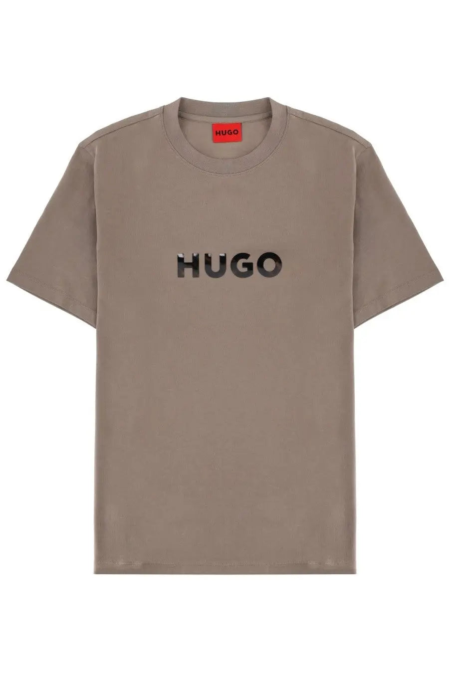 Beige hugo boss men’s cotton t-shirt dumeo con brown with black logo across chest and red collar tag