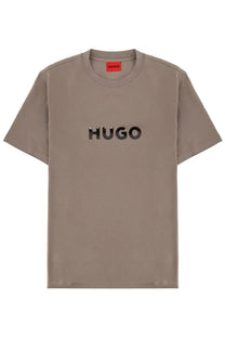 Beige hugo boss men’s cotton t-shirt dumeo con brown with black logo across chest and red collar tag