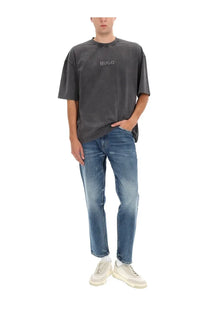 Dark gray hugo boss men’s oversized t-shirt with subtle faded texture and embroidered brand name on the chest
