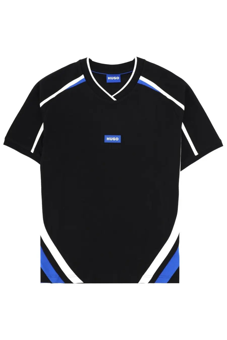 Hugo Boss men’s black short-sleeved t-shirt with bold blue and white diagonal stripes on shoulders, sleeves, and sides