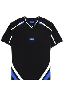 Hugo Boss men’s black short-sleeved t-shirt with bold blue and white diagonal stripes on shoulders, sleeves, and sides