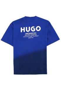 Back view of royal blue hugo boss men’s shirt nalono con with white logo and text on polyester cotton fabric