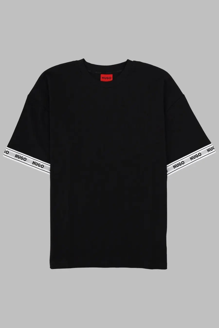 Black hugo boss men’s tade con shirt in cotton with white hugo lettering bands on sleeves and hem