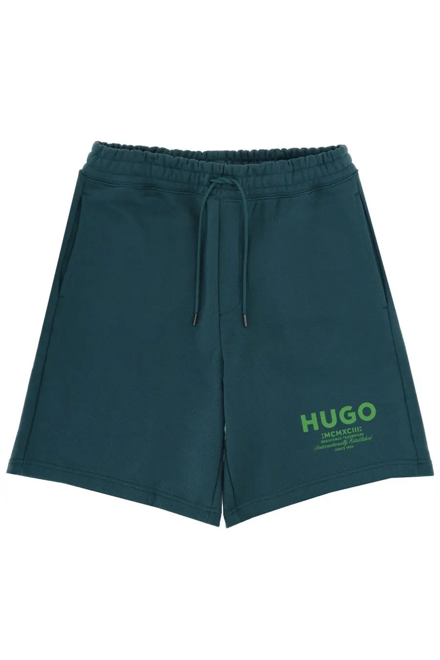 Hugo Boss men’s dark teal sweat shorts with green logo and drawstring waistband for casual wear