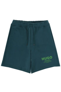 Hugo Boss men’s dark teal sweat shorts with green logo and drawstring waistband for casual wear