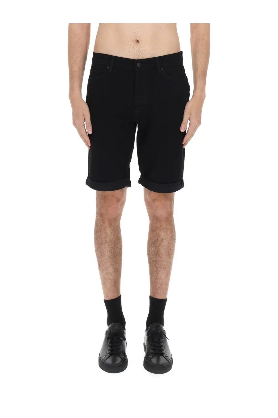 Black denim shorts with rolled cuffs by hugo boss featuring patch detail for men