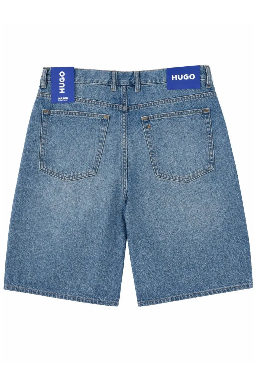 Hugo Boss men’s blue denim shorts mason blue with classic five-pocket design and branded blue tags on waistband