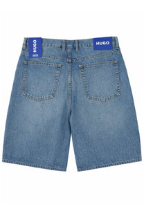 Hugo Boss men’s blue denim shorts mason blue with classic five-pocket design and branded blue tags on waistband