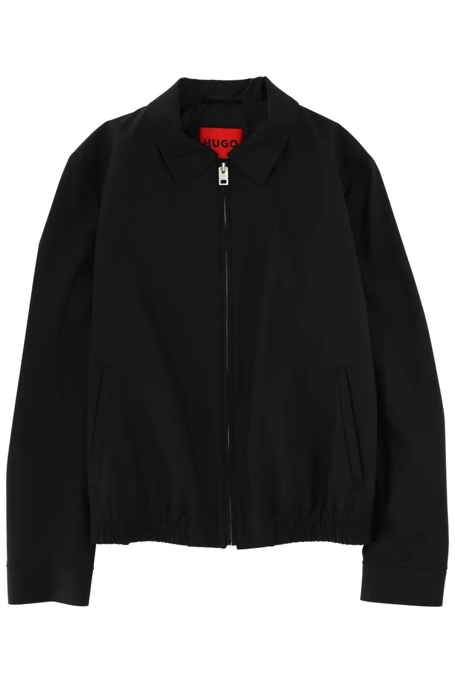 Black hugo boss men’s slim fit bomber jacket with silver zipper and red brand tag at the collar