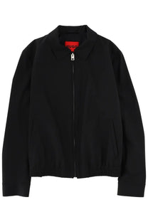 Black hugo boss men’s slim fit bomber jacket with silver zipper and red brand tag at the collar