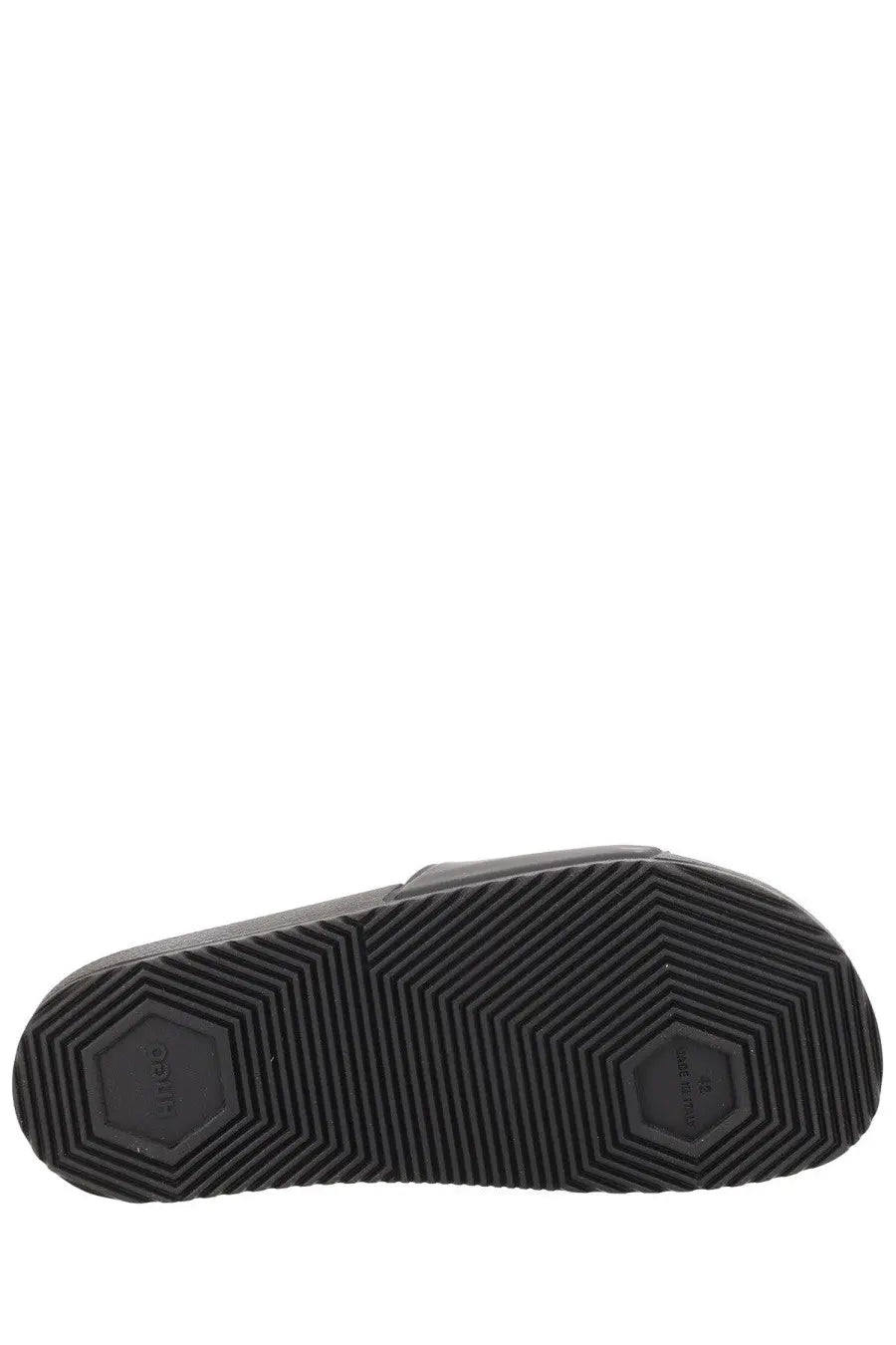 Black rubber sole of hugo boss men’s black slipper with hexagonal tread pattern and embossed brand logo