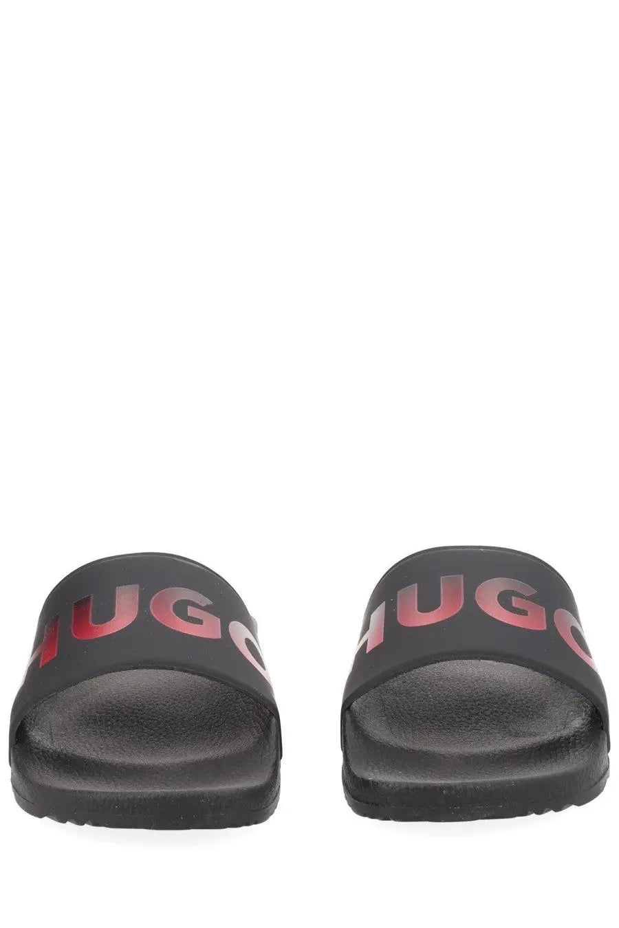 Black hugo boss men’s slide sandals with bold red to pink gradient logo across the strap for casual wear