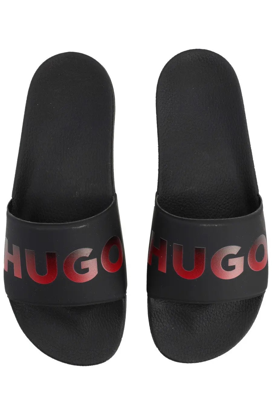 Black hugo boss men’s slide sandals featuring a bold red gradient logo on the strap for casual wear