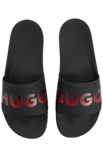 Black hugo boss men’s slide sandals featuring a bold red gradient logo on the strap for casual wear