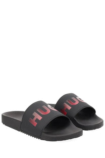 HUGO BOSS men’s black slide sandals with a bold red gradient logo across the strap for casual wear