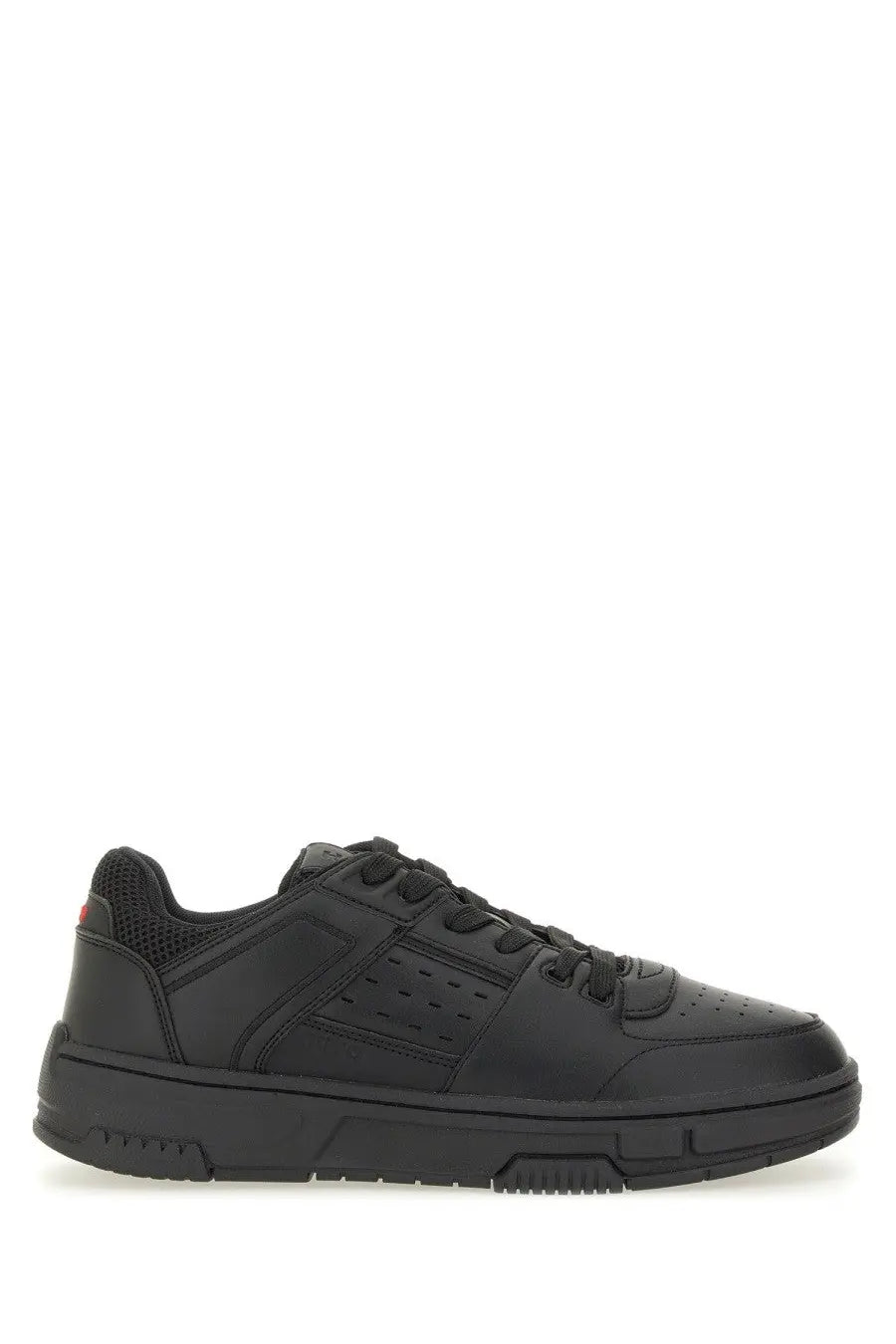 Hugo Boss men’s black leather low-top sneaker with perforated detailing and chunky rubber sole