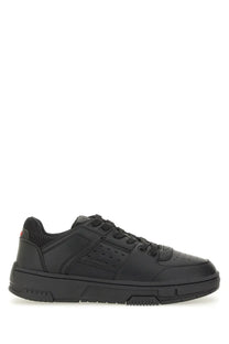 Hugo Boss men’s black leather low-top sneaker with perforated detailing and chunky rubber sole