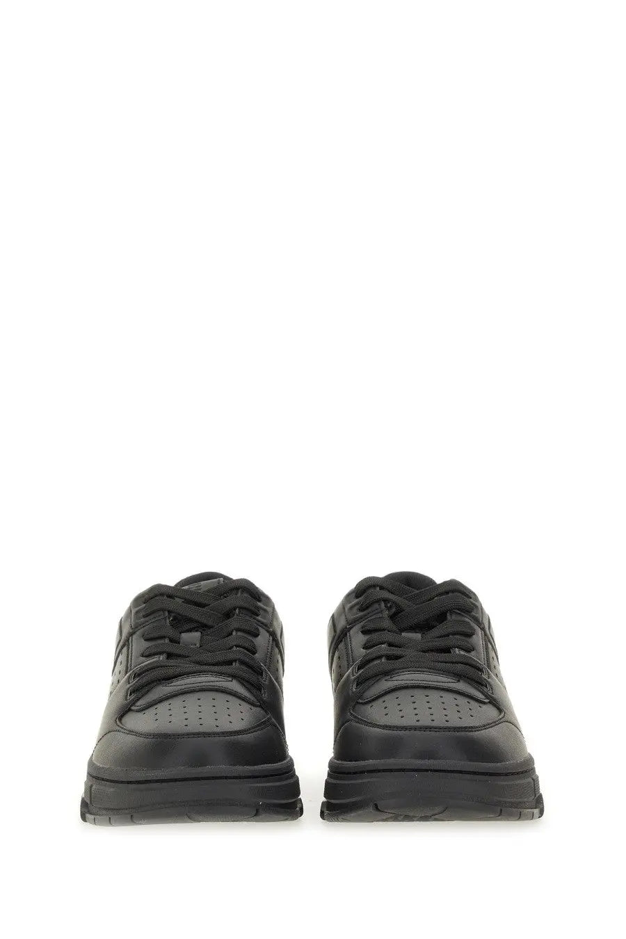 Hugo Boss men’s black leather sneakers with perforated detailing and a chunky sole for casual wear