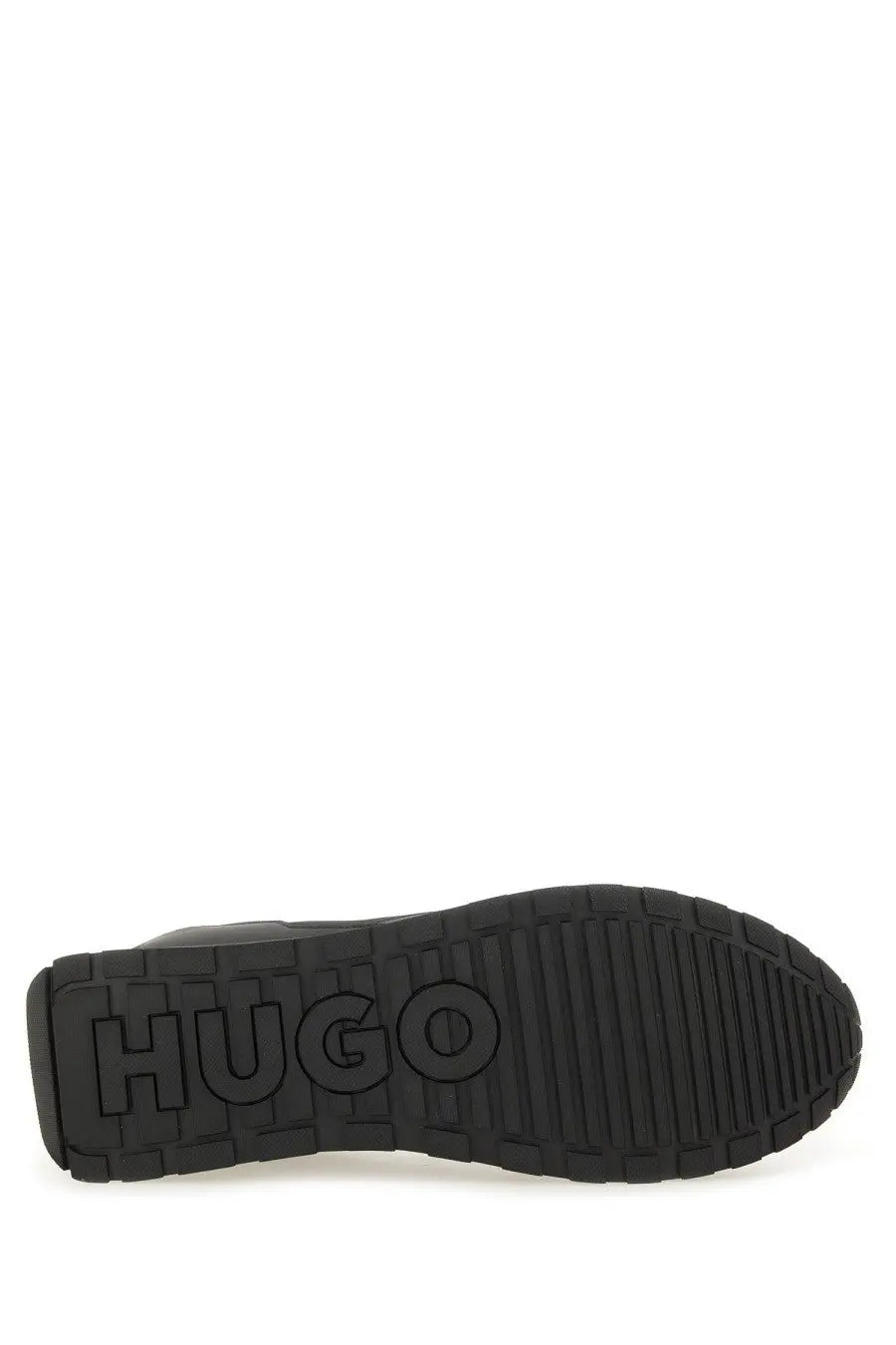 Black rubber sole with embossed hugo logo of hugo boss men’s sneaker black shown from the back side