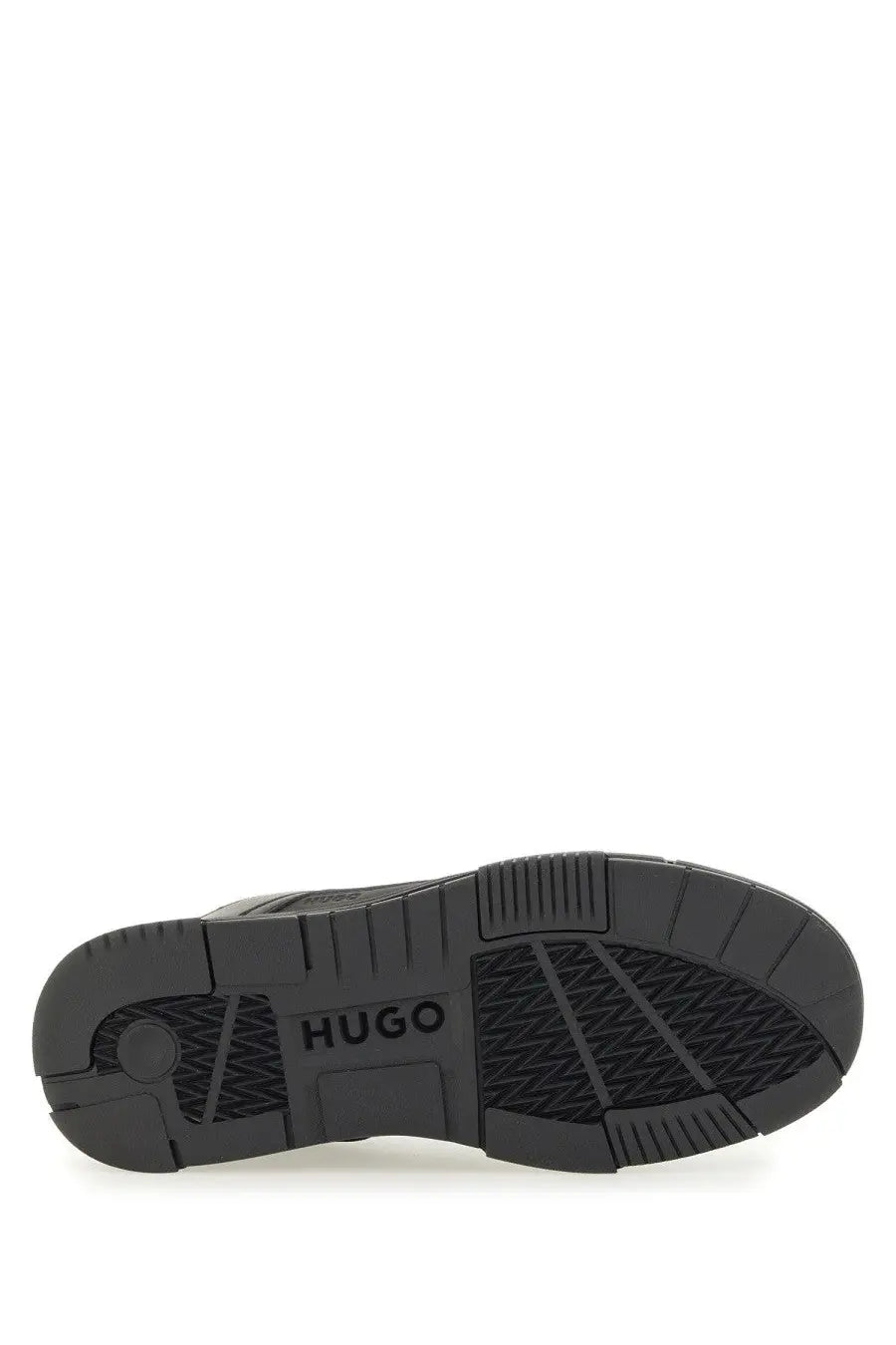 Hugo Boss men’s sneaker black featuring a black rubber sole with textured tread pattern and Hugo branding embossed
