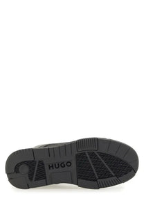 Hugo Boss men’s sneaker black featuring a black rubber sole with textured tread pattern and Hugo branding embossed
