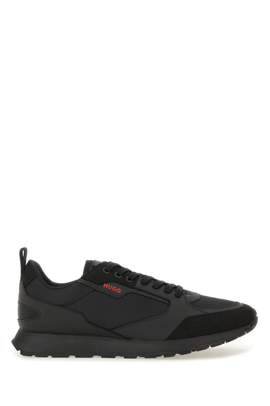 HUGO BOSS men’s sneaker black with sleek modern design contrasting textures and subtle red branding on the side