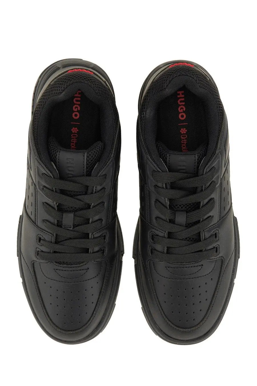 Hugo Boss men’s sneaker black with perforated leather uppers and red branding on the insole