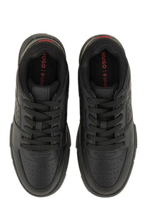 Hugo Boss men’s sneaker black with perforated leather uppers and red branding on the insole