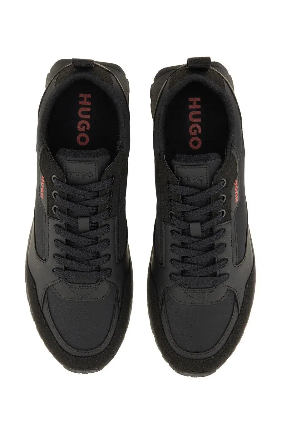 Hugo Boss men’s black sneakers with subtle red branding on insole and side panels for casual wear