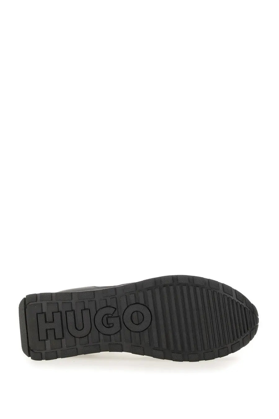 Black rubber sole with embossed hugo logo on the back of hugo boss men’s grey sneaker