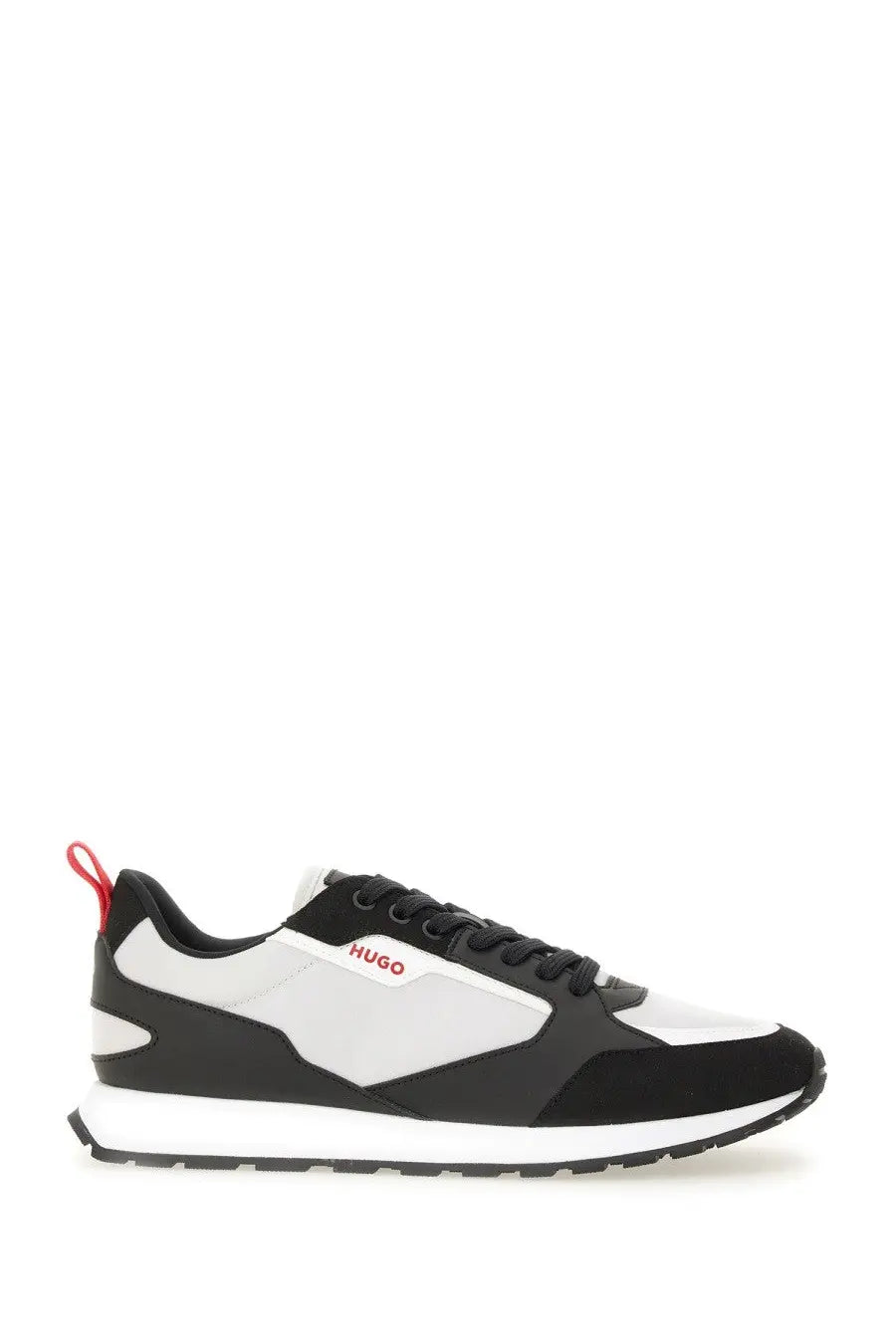 Hugo boss men’s sneaker grey black and white with red accent on the heel tab shown from the back side