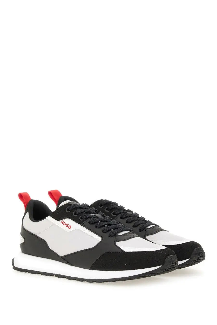 Hugo Boss men’s grey sneaker in black and white with red accents on the heel tab showing the back side