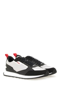 Hugo Boss men’s grey sneaker in black and white with red accents on the heel tab showing the back side
