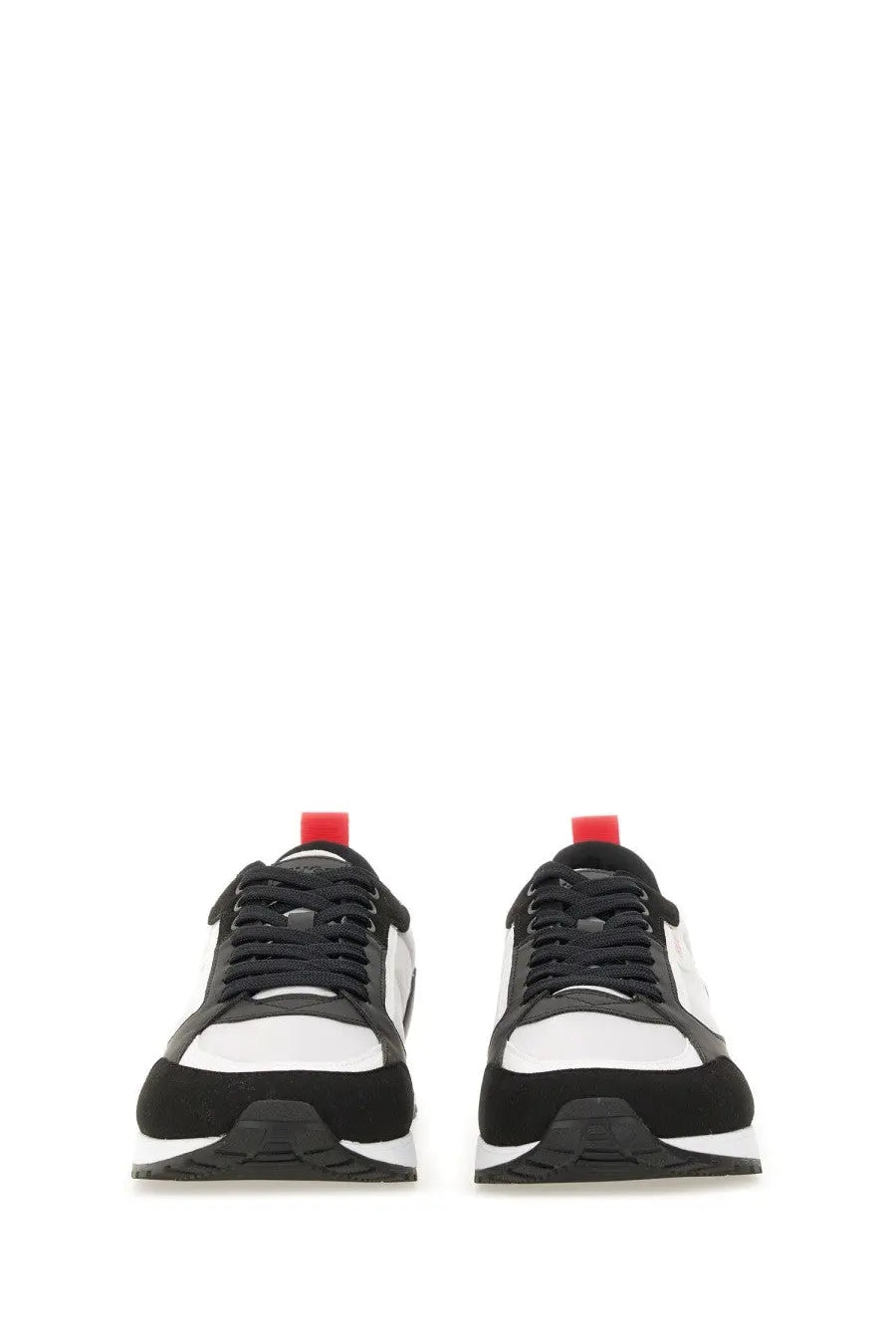Hugo boss men’s sneaker grey in black and white leather with red heel tab shown from the back side