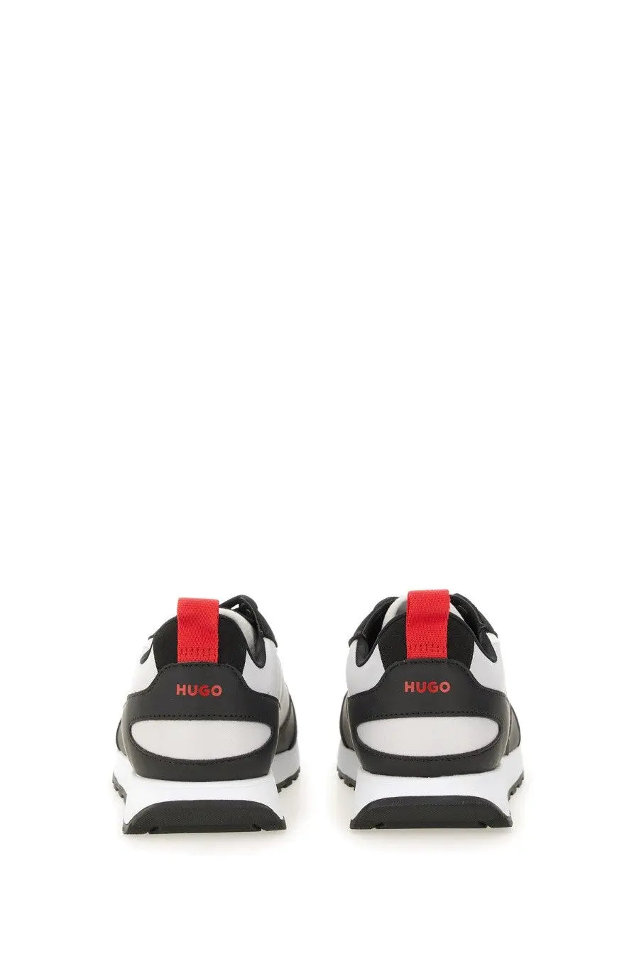 White and black hugo boss men’s sneaker grey with red heel tab showing the back side of the shoe