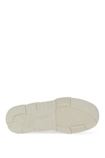 Cream-colored rubber sole with embossed Hugo branding on the HUGO BOSS men’s white sneaker back side