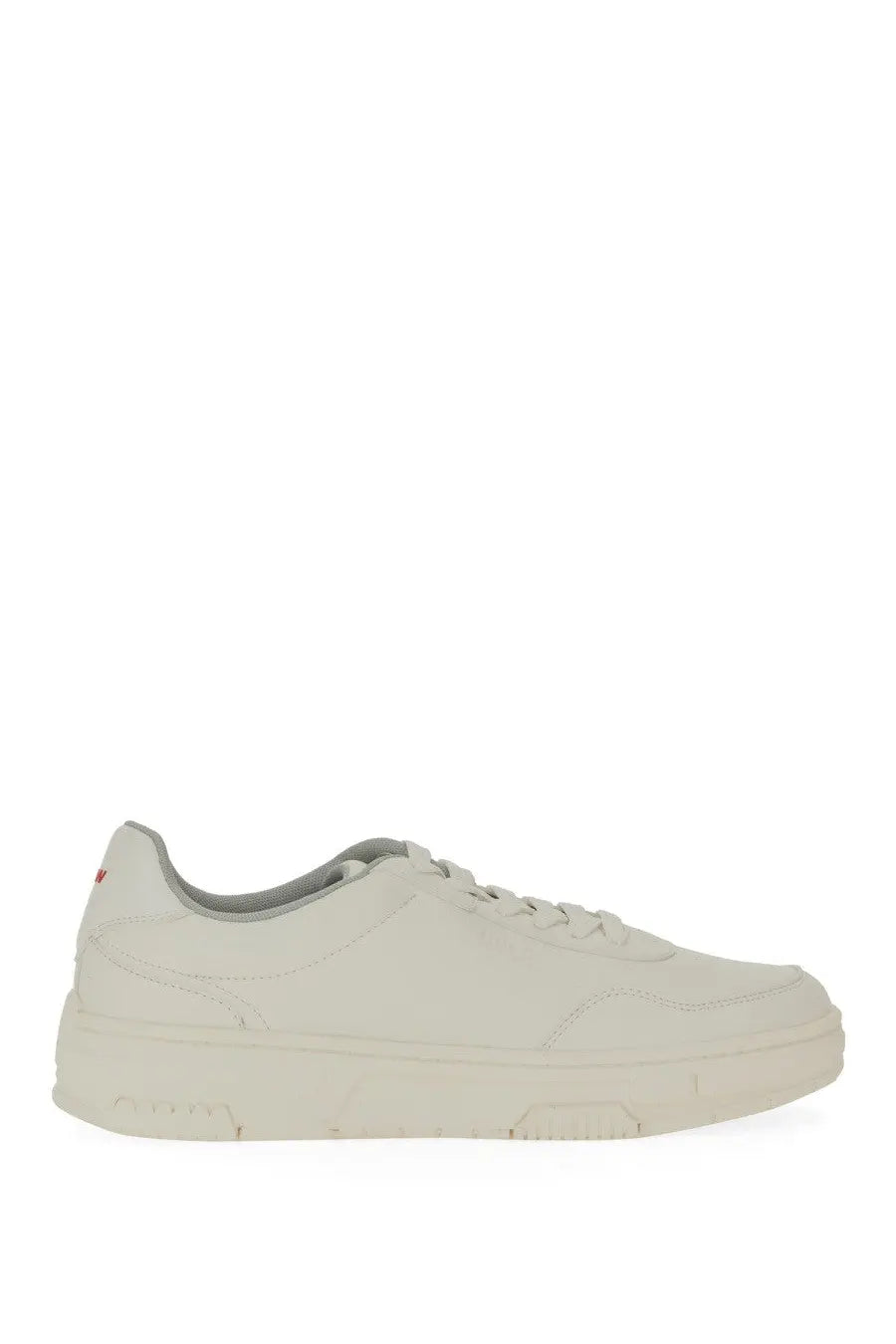 Hugo boss men’s sneaker white cream-colored suede low-top with chunky rubber sole and red branding on heel back view