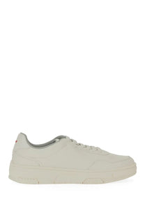 Hugo boss men’s sneaker white cream-colored suede low-top with chunky rubber sole and red branding on heel back view
