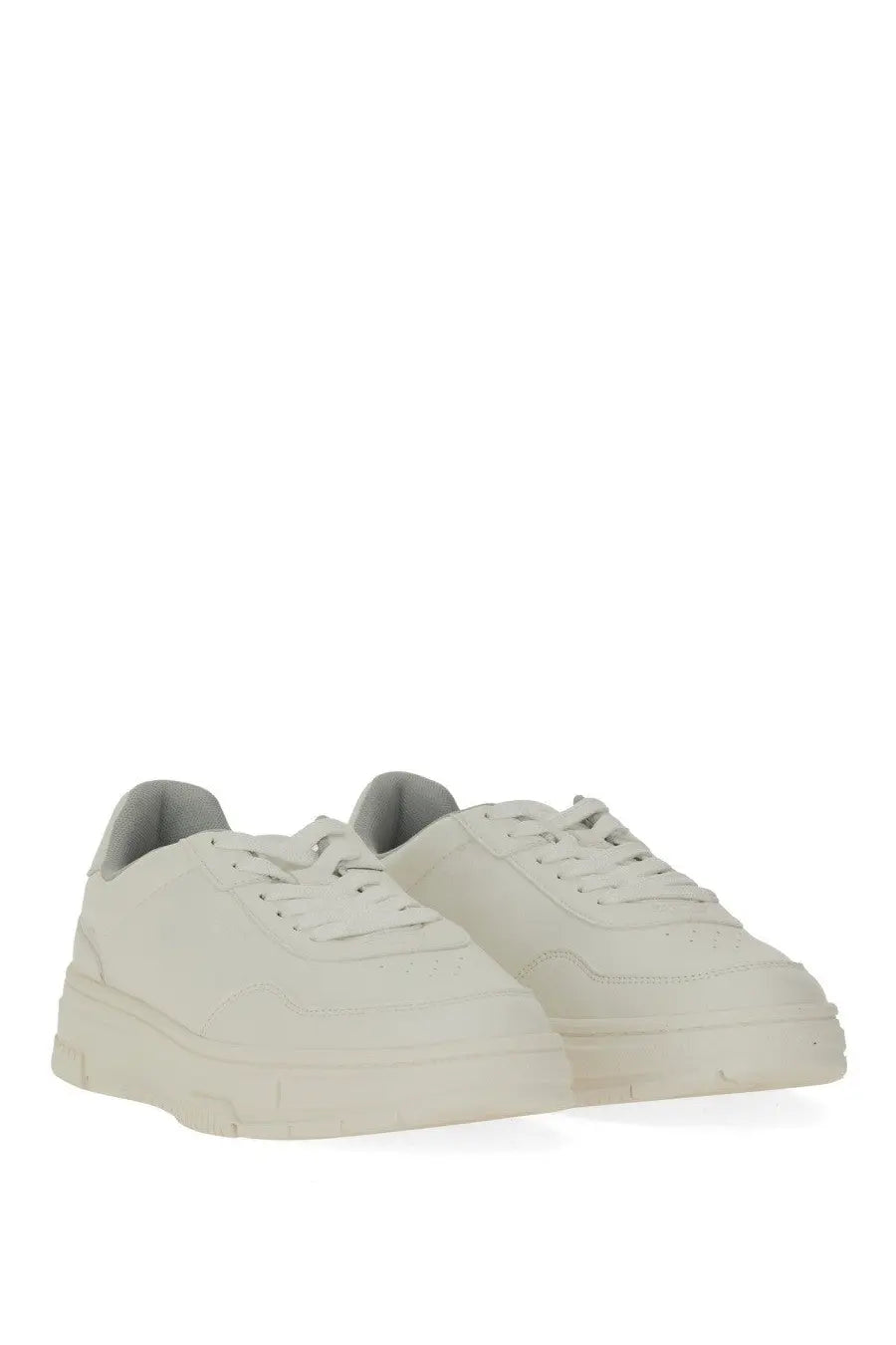 Hugo Boss men’s cream-colored suede sneakers with chunky sole and minimalist design in white