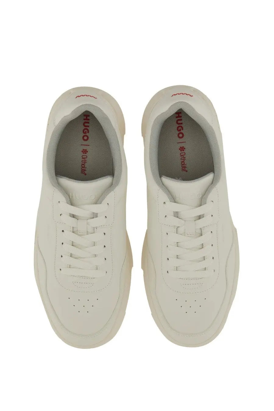 Hugo Boss men’s white leather sneakers with red branding and chunky sole for stylish casual wear