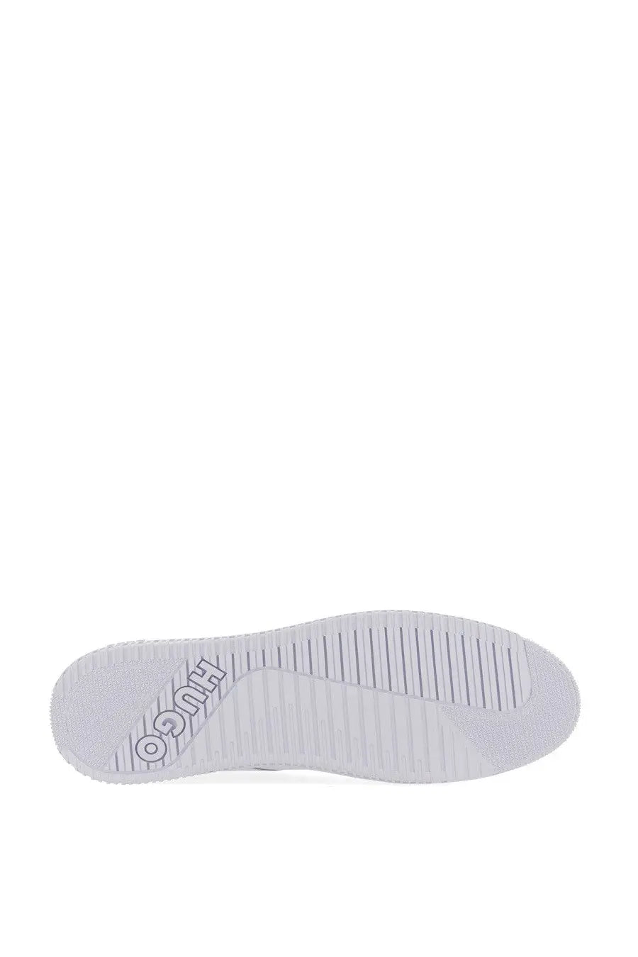 White rubber sole with textured grip pattern and embossed hugo branding on hugo boss men’s sneaker white back side