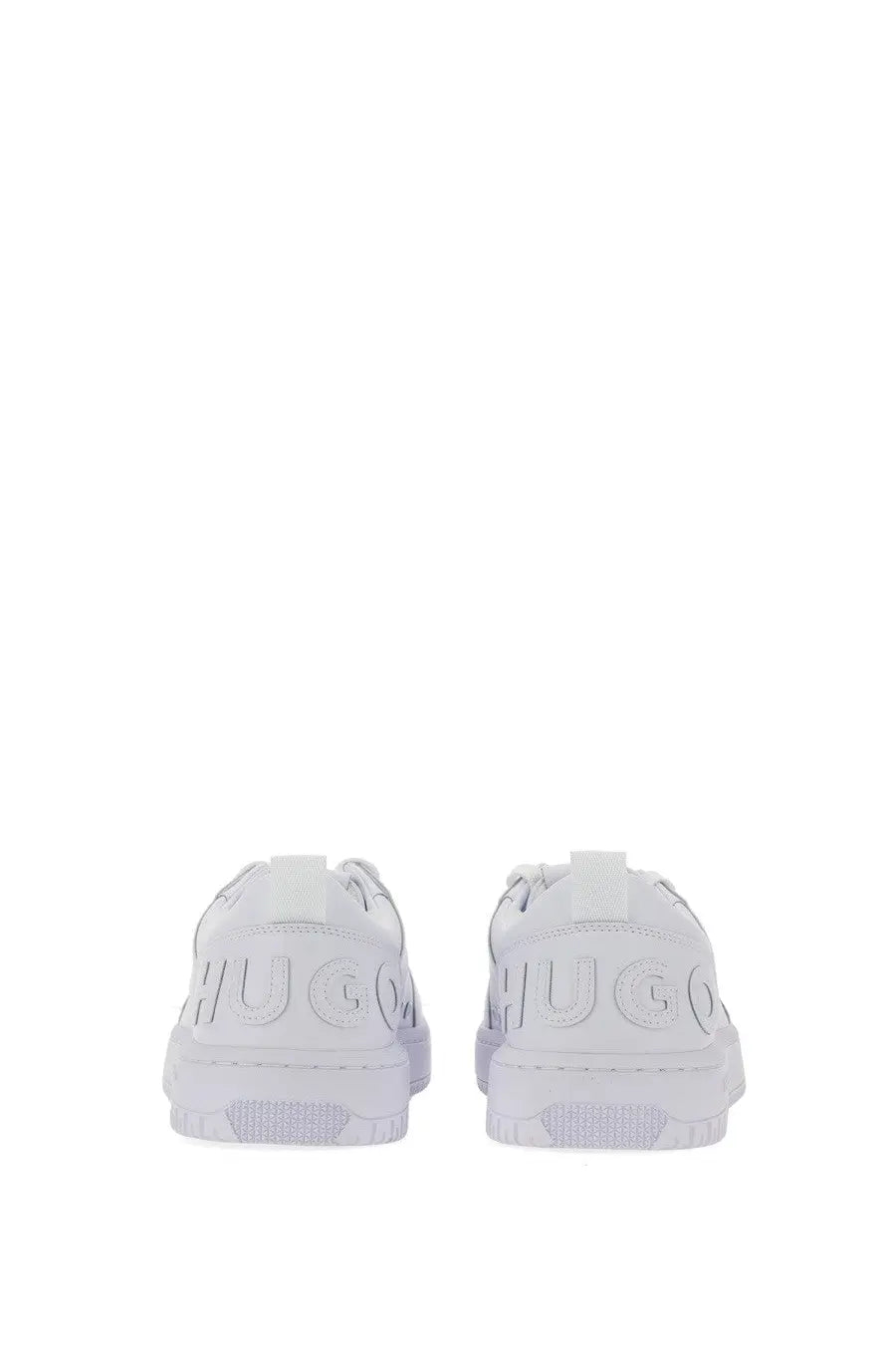 White hugo boss men’s sneaker showing the back with embossed branding on the heel in clean leather design