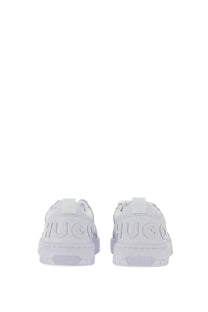 White hugo boss men’s sneaker showing the back with embossed branding on the heel in clean leather design