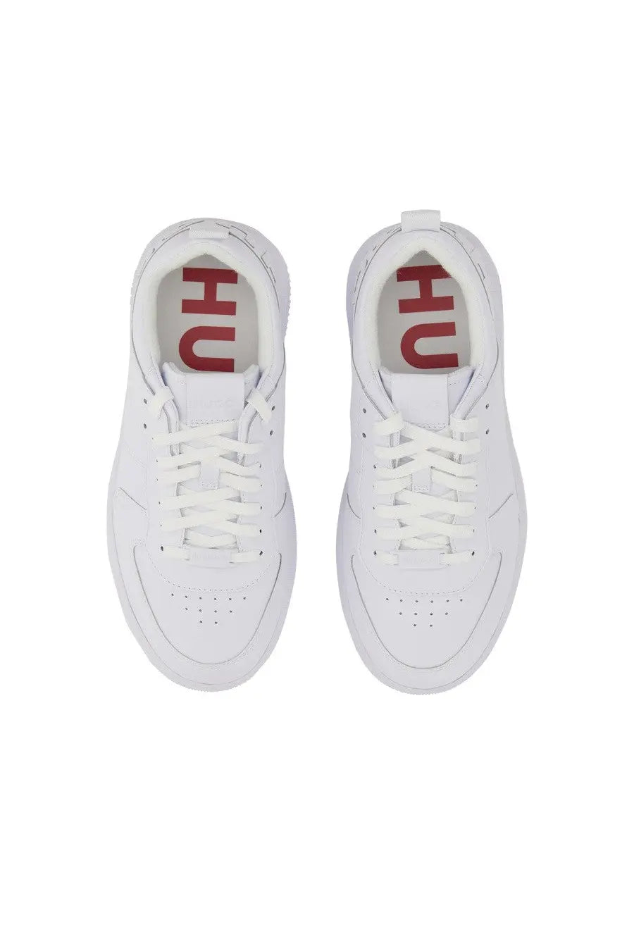 Hugo Boss men’s white sneakers with red branding on the insole featuring a clean minimalist design