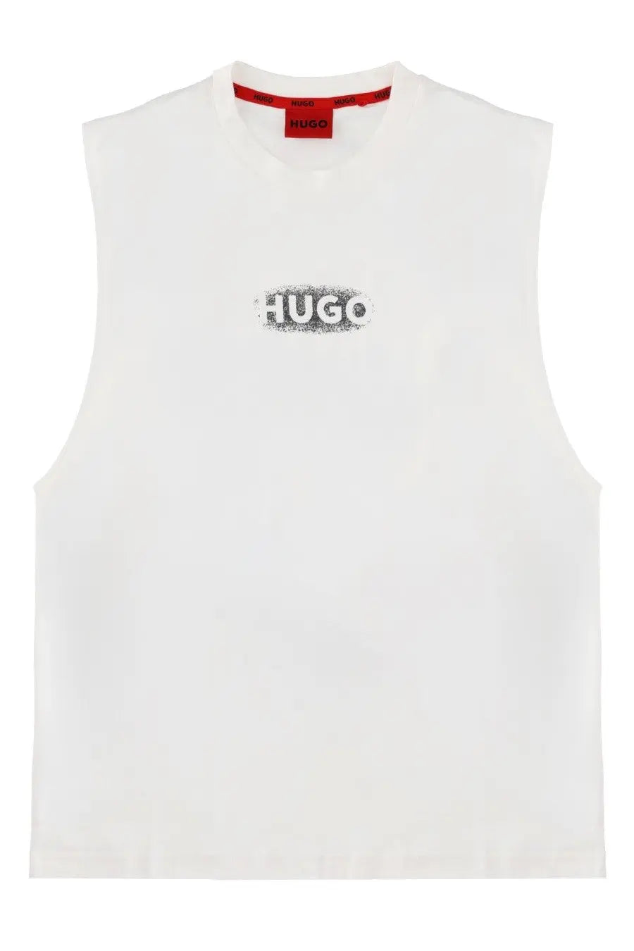 Hugoboss men’s white sleeveless t-shirt with black speckled hugo logo and red branding at collar