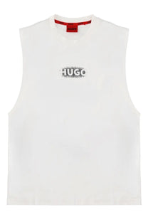 Hugoboss men’s white sleeveless t-shirt with black speckled hugo logo and red branding at collar