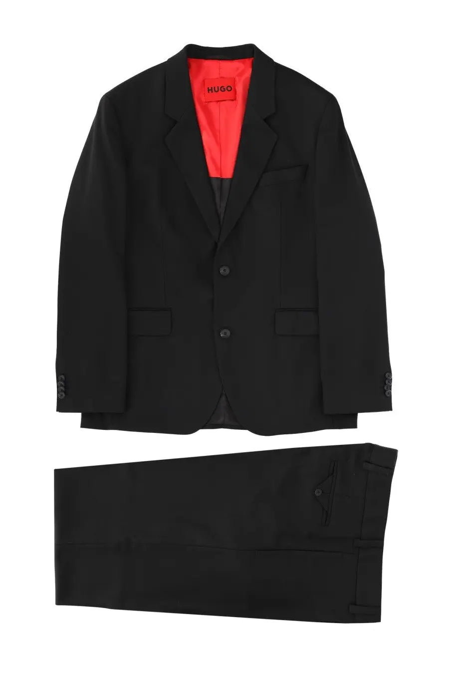 Hugo Boss men’s two piece Karlo Filips black suit with bold red inner lining perfect for formal occasions